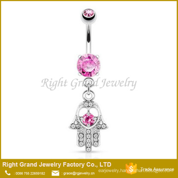 CZ Gems Hamsa Hand Dangle Belly Button Ring / Surgical Steel Navel Ring